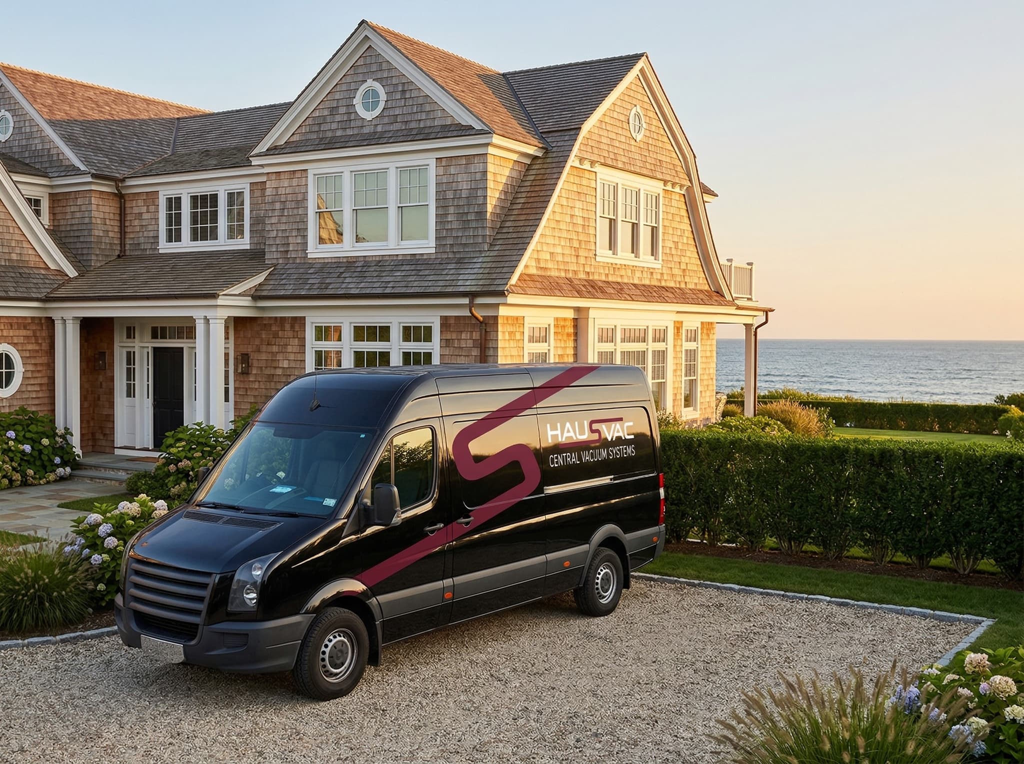 HausVac service van parked at a Hamptons oceanfront home